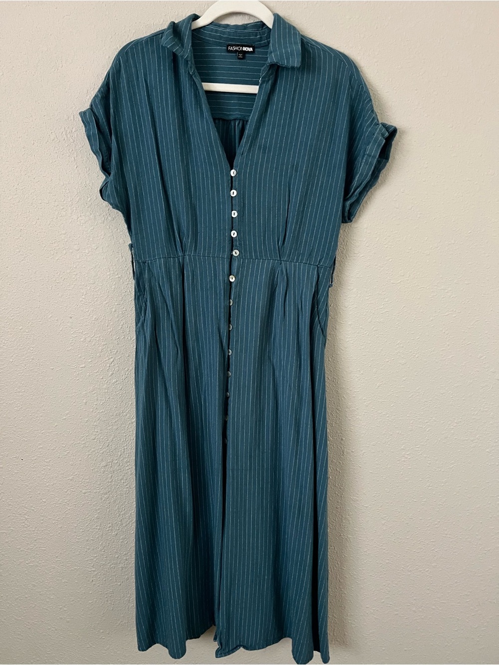 FASHION NOVA Teal Pinstripe Midi Shirt Dress